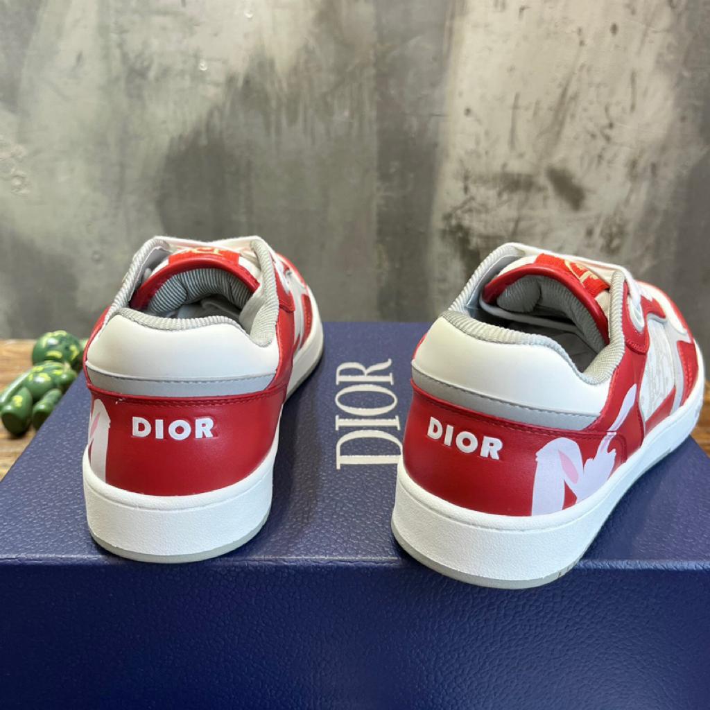 Dior B27 Low ERL Red and White Smooth Calfskin and White Dior Oblique Galaxy Leather with Rabbit Motif - vstockx