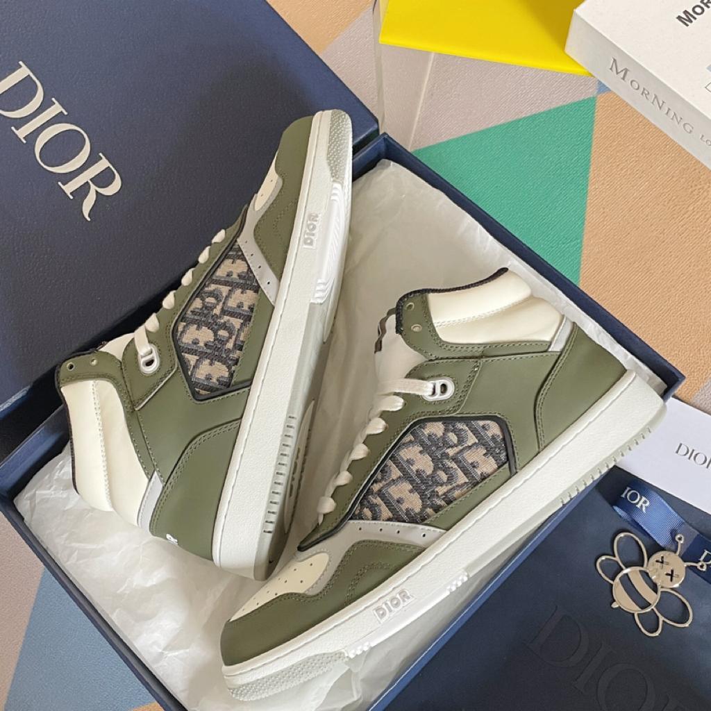 Dior B27 High Olive and Cream Smooth Calfskin with Beige and Black Dior Oblique Jacquard - vstockx