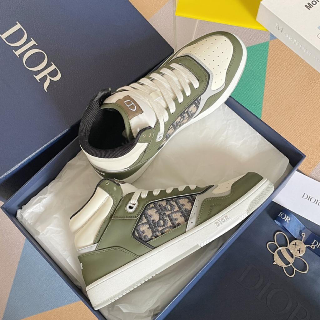 Dior B27 High Olive and Cream Smooth Calfskin with Beige and Black Dior Oblique Jacquard - vstockx