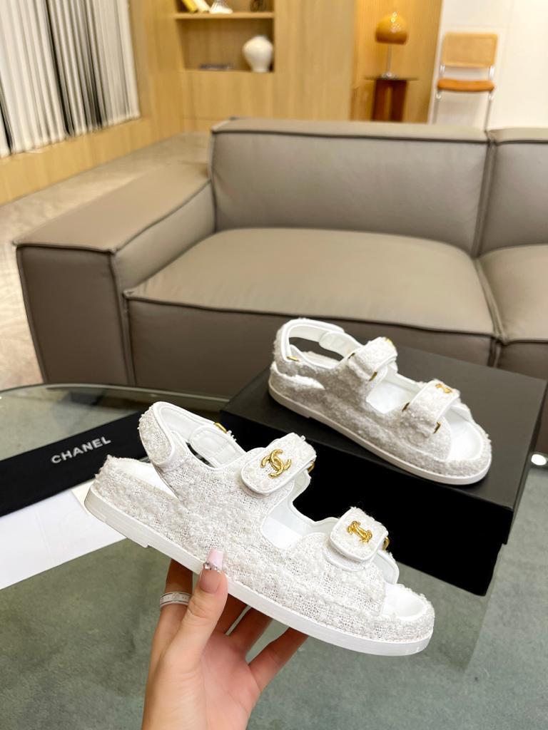 Chanel Tweed Sandal White Cotton - vstockx