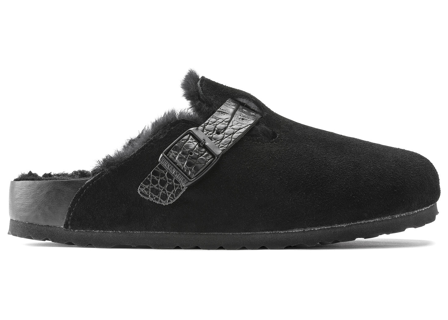 Birkenstock Boston Shearling Suede Reptile Embossed Strap Black - vstockx