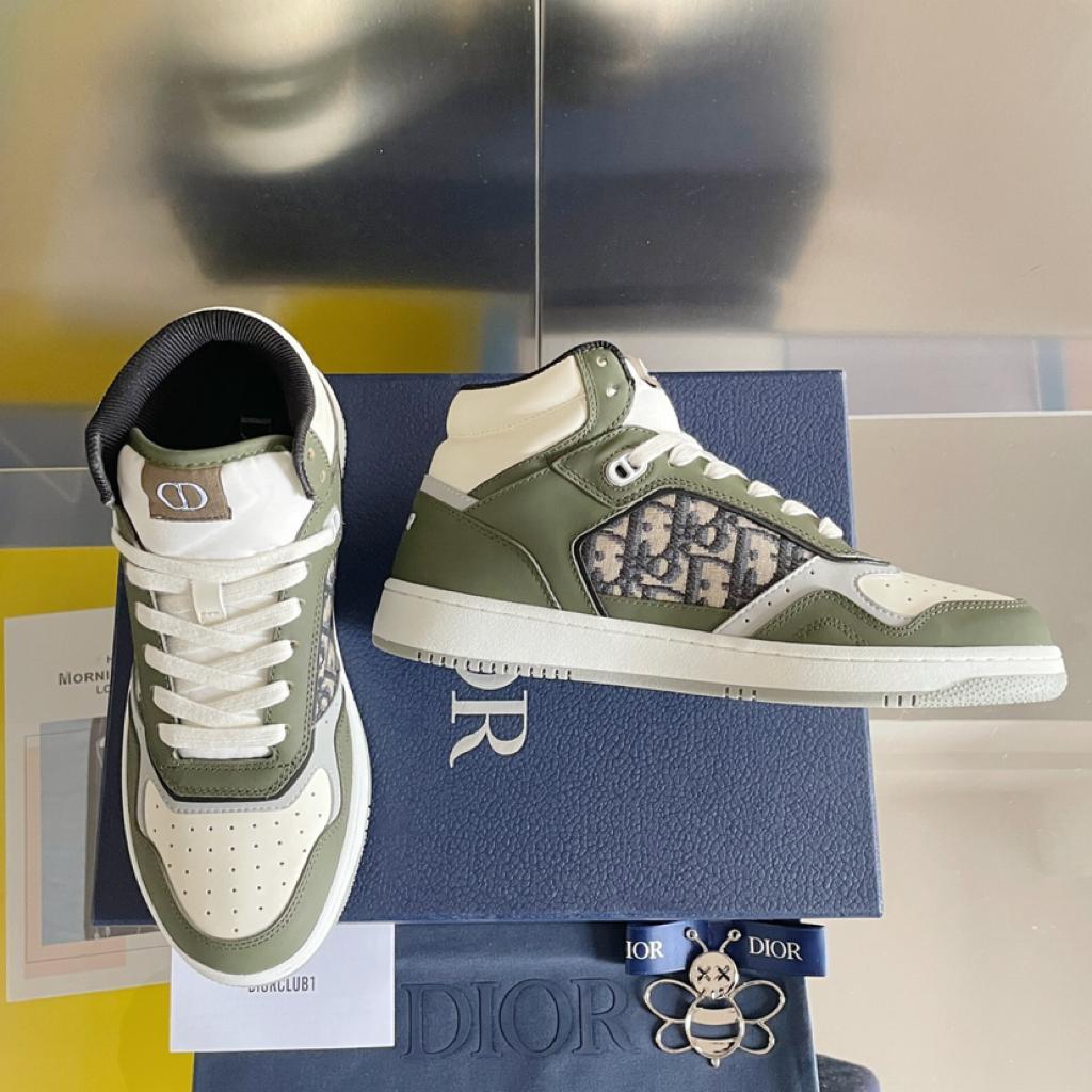 Dior B27 High Olive and Cream Smooth Calfskin with Beige and Black Dior Oblique Jacquard - vstockx