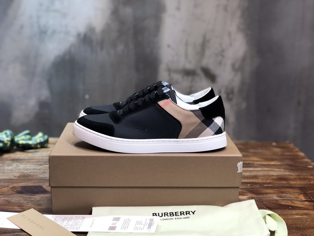 Burberry Leather Suede and House Check Sneakers Black Archive Beige White - vstockx