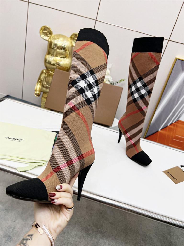 Burberry Knitted Check Sock Boots Birch Brown Heel height: 10.5cm/4.1in - vstockx