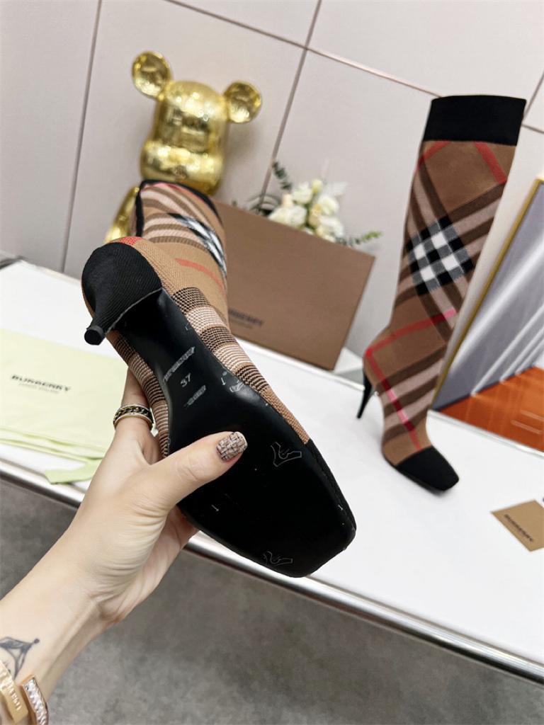 Burberry Knitted Check Sock Boots Birch Brown Heel height: 10.5cm/4.1in - vstockx