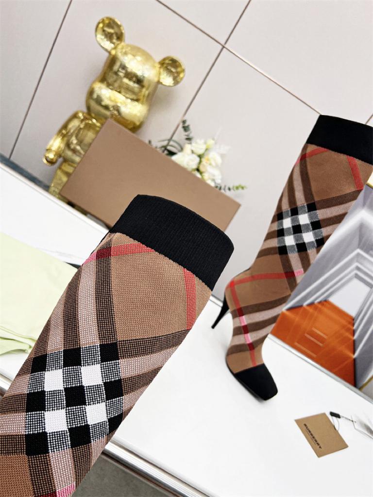 Burberry Knitted Check Sock Boots Birch Brown Heel height: 10.5cm/4.1in - vstockx