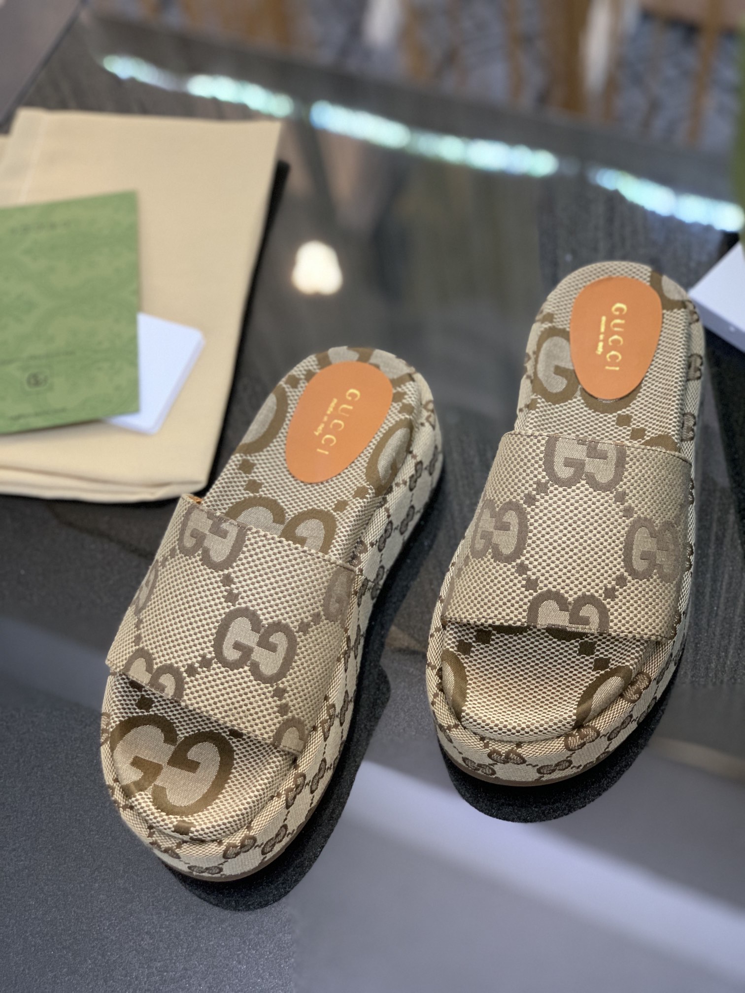 Gucci Platform Slide Sandal Maxi GG Camel Ebony GG Trim Canvas - vstockx