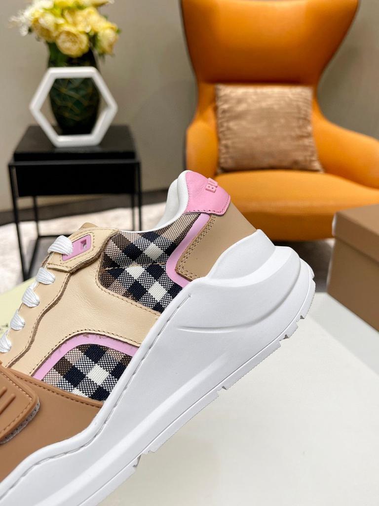 Burberry Check Cotton and Leather Sneakers Birch Brown/Pink - vstockx