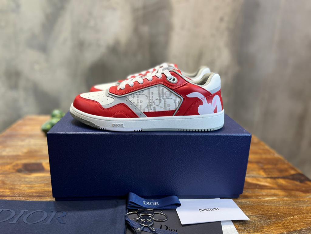 Dior B27 Low ERL Red and White Smooth Calfskin and White Dior Oblique Galaxy Leather with Rabbit Motif - vstockx