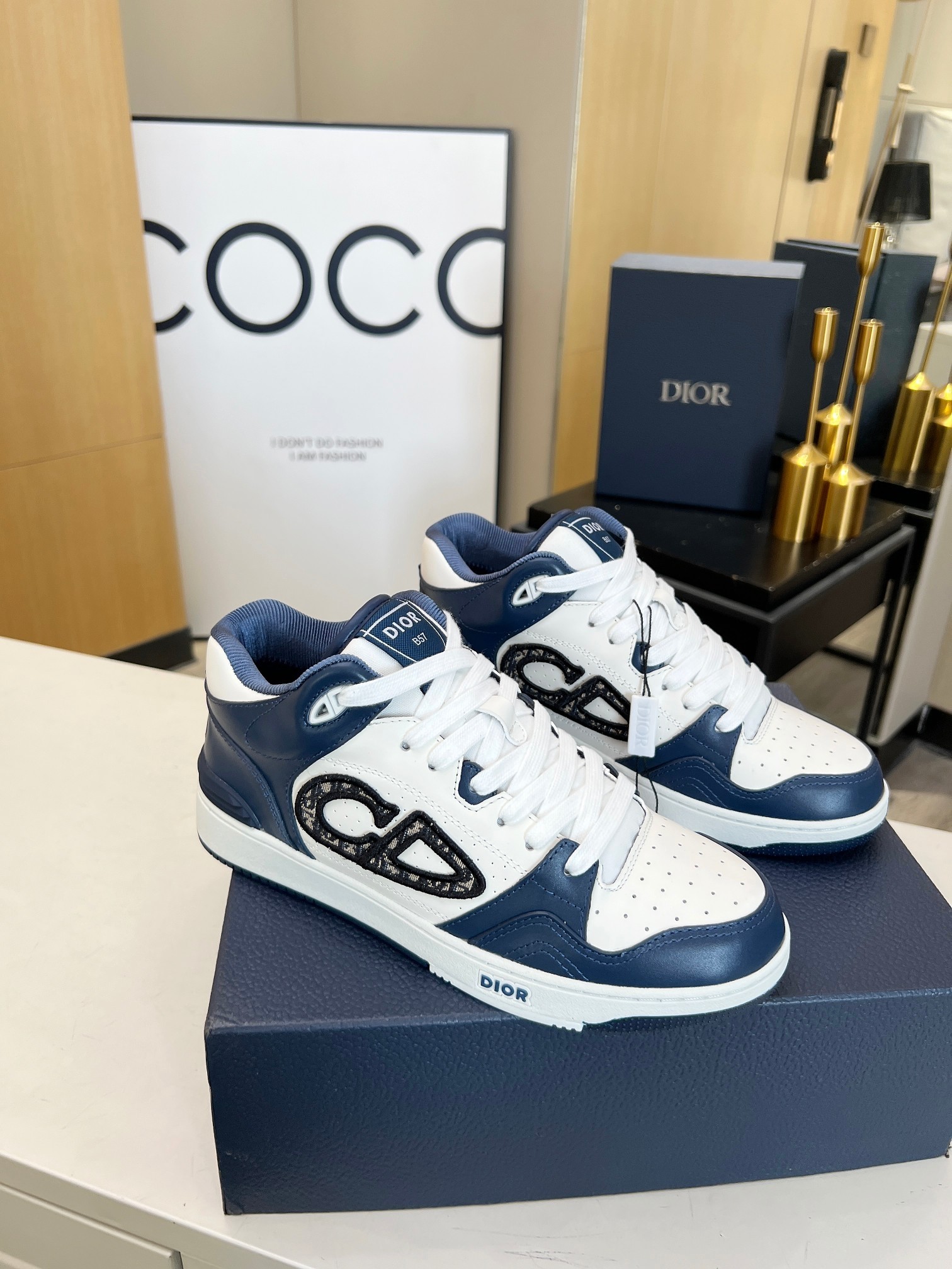 dior B57 MID-TOP SNEAKER Navy Blue and White Smooth Calfskin with Beige and Black Dior Oblique Jacquard - vstockx