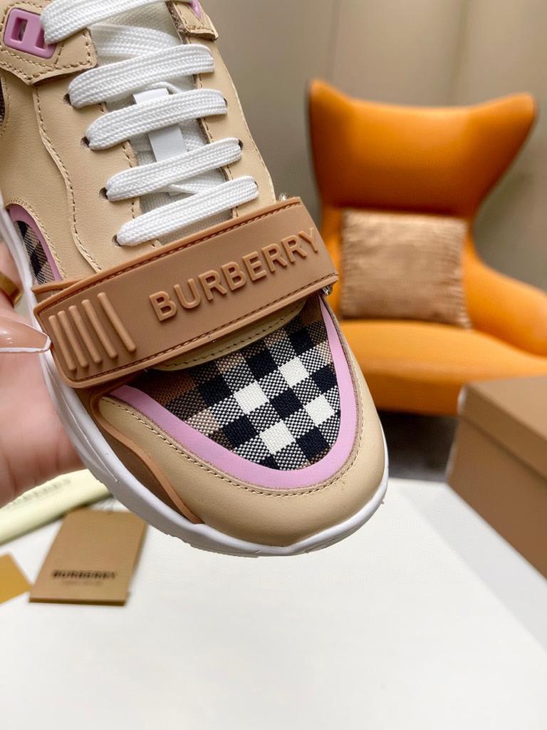 Burberry Check Cotton and Leather Sneakers Birch Brown/Pink - vstockx