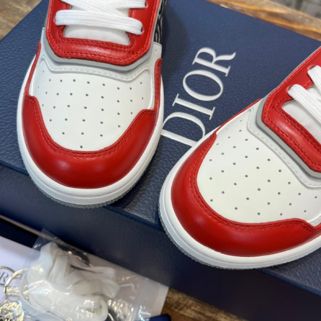 Dior B27 High Red Gray and White Smooth Calfskin with Beige and Black Dior Oblique Jacquard - vstockx