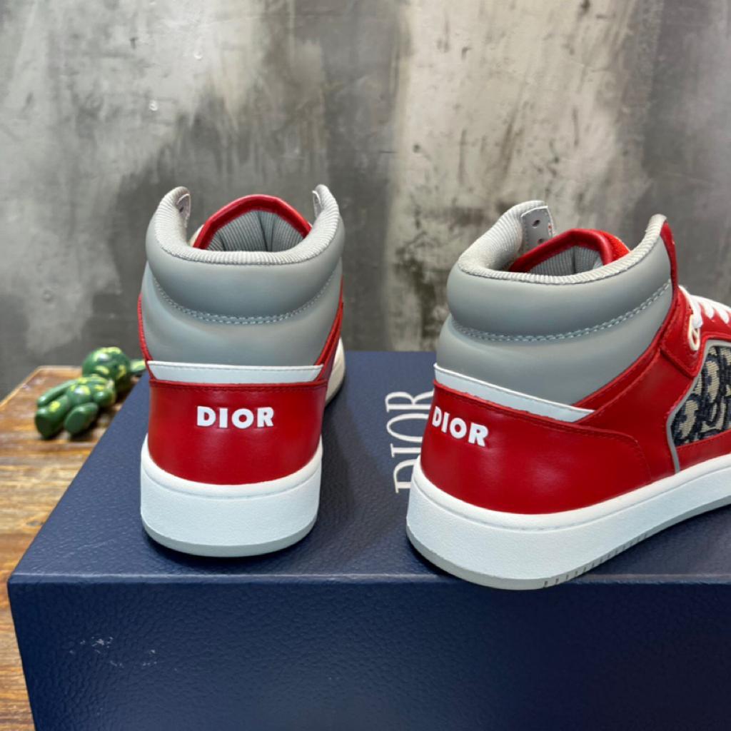 Dior B27 High Red Gray and White Smooth Calfskin with Beige and Black Dior Oblique Jacquard - vstockx