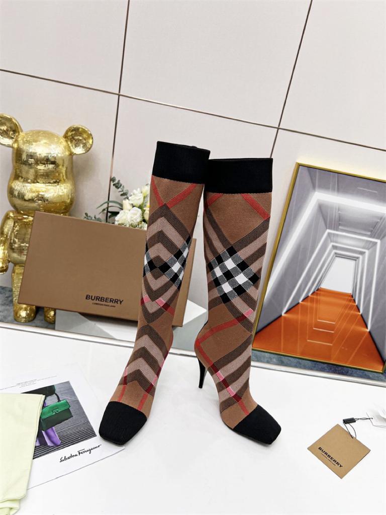Burberry Knitted Check Sock Boots Birch Brown Heel height: 10.5cm/4.1in - vstockx
