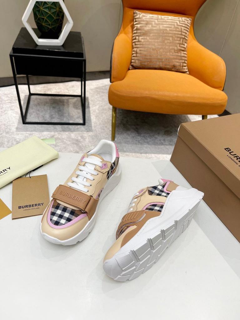 Burberry Check Cotton and Leather Sneakers Birch Brown/Pink - vstockx