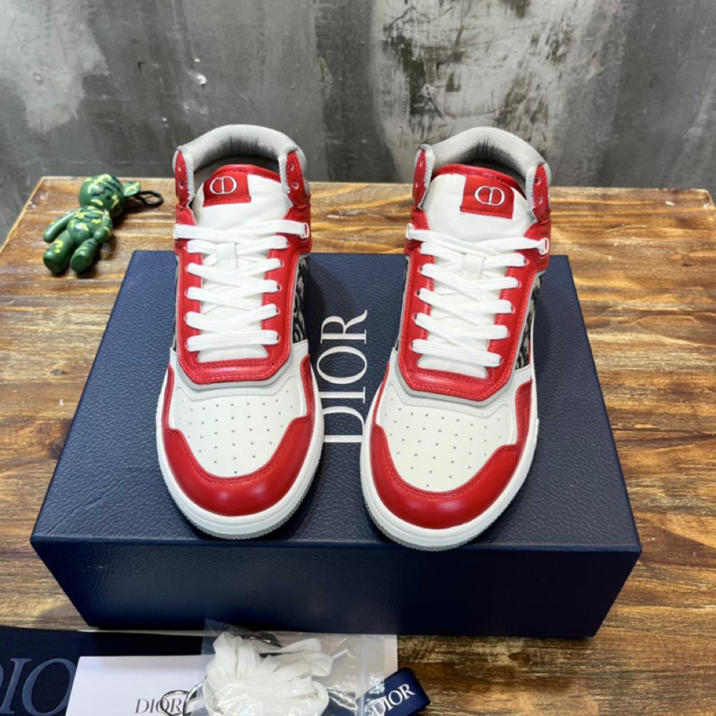 Dior B27 High Red Gray and White Smooth Calfskin with Beige and Black Dior Oblique Jacquard - vstockx