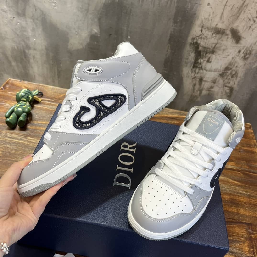DIOR B57 MID-TOP SNEAKER Gray and White Smooth Calfskin with Beige and Black Dior Oblique Jacquard - vstockx