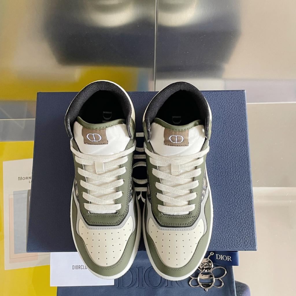 Dior B27 High Olive and Cream Smooth Calfskin with Beige and Black Dior Oblique Jacquard - vstockx