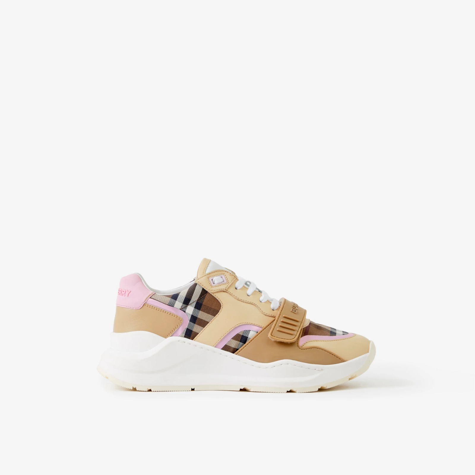 Burberry Check Cotton and Leather Sneakers Birch Brown/Pink - vstockx