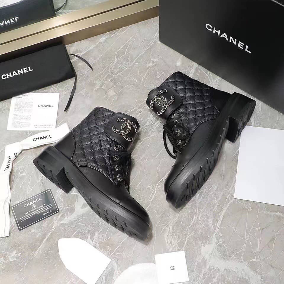 Chanel Quilted Combat Boot Black Leather - vstockx