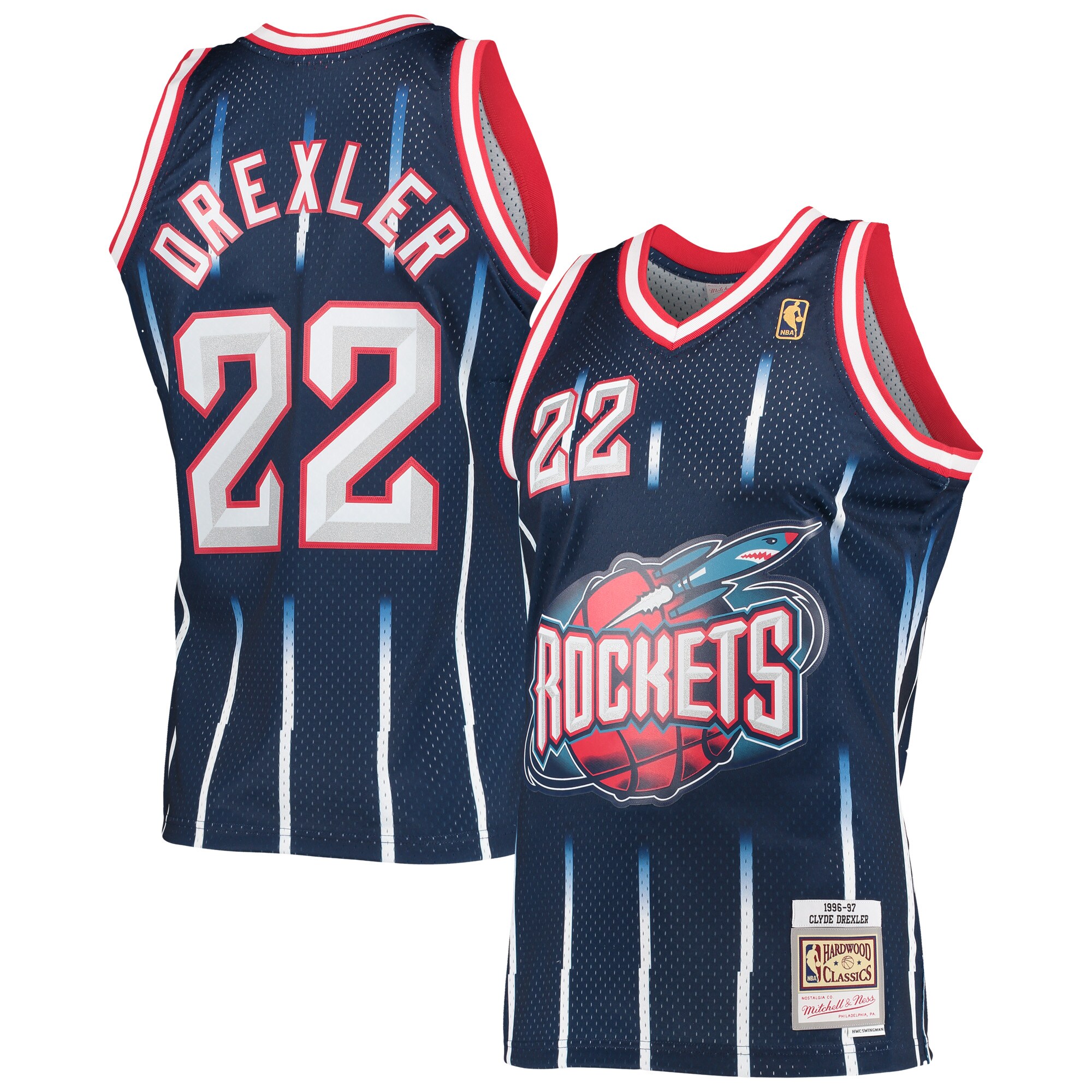 Clyde Drexler Houston Rockets Mitchell & Ness Hardwood Classics Swingman Jersey - Navy - vstockx