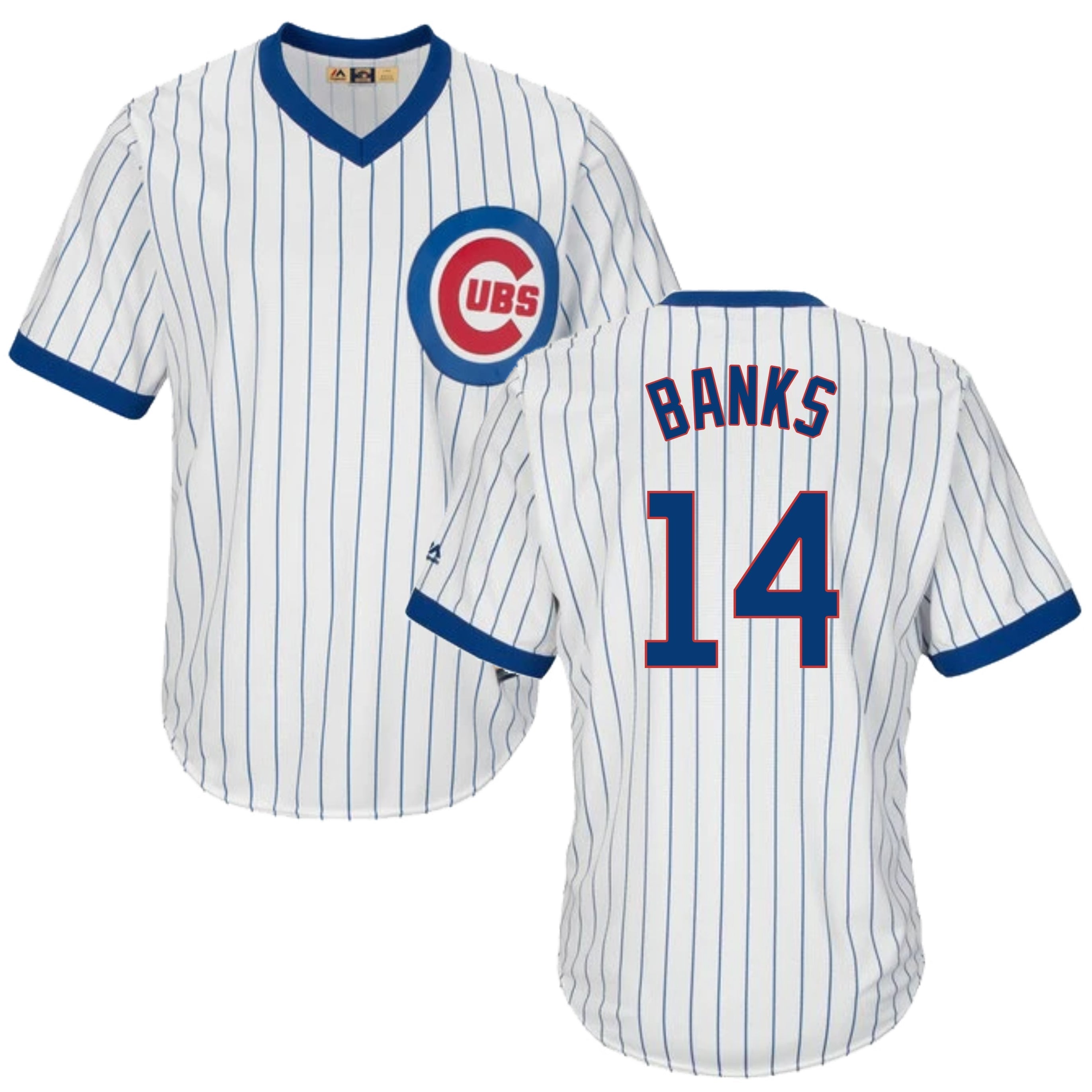 Ernie Banks Chicago Cubs Cooperstown White Pinstripe V-Neck Home Men's Jersey - vstockx