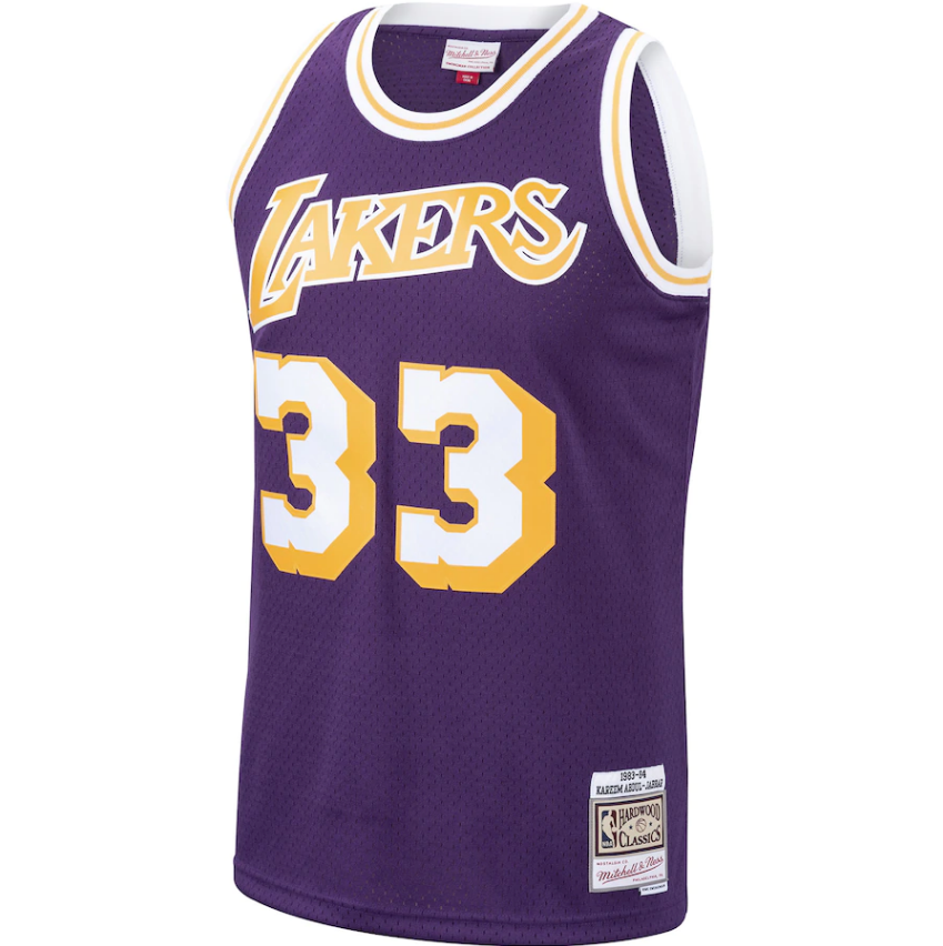 Men's Los Angeles Lakers Kareem Abdul-Jabbar Mitchell & Ness Purple 1983-84 Hardwood Classics Swingman Jersey - vstockx