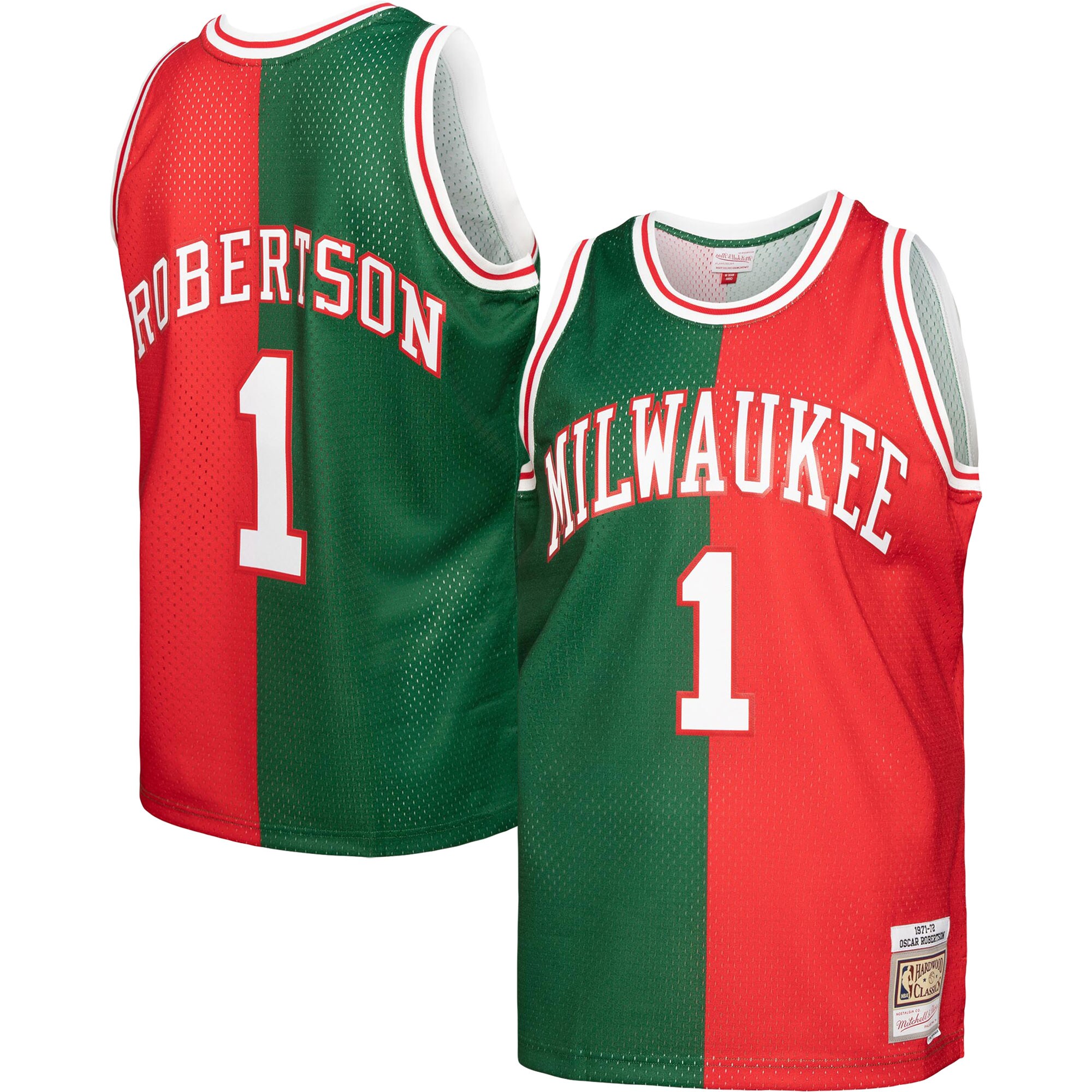 Oscar Robertson Milwaukee Bucks Mitchell & Ness Hardwood Classics 1971/72 Split Swingman Jersey - Green/Red - vstockx