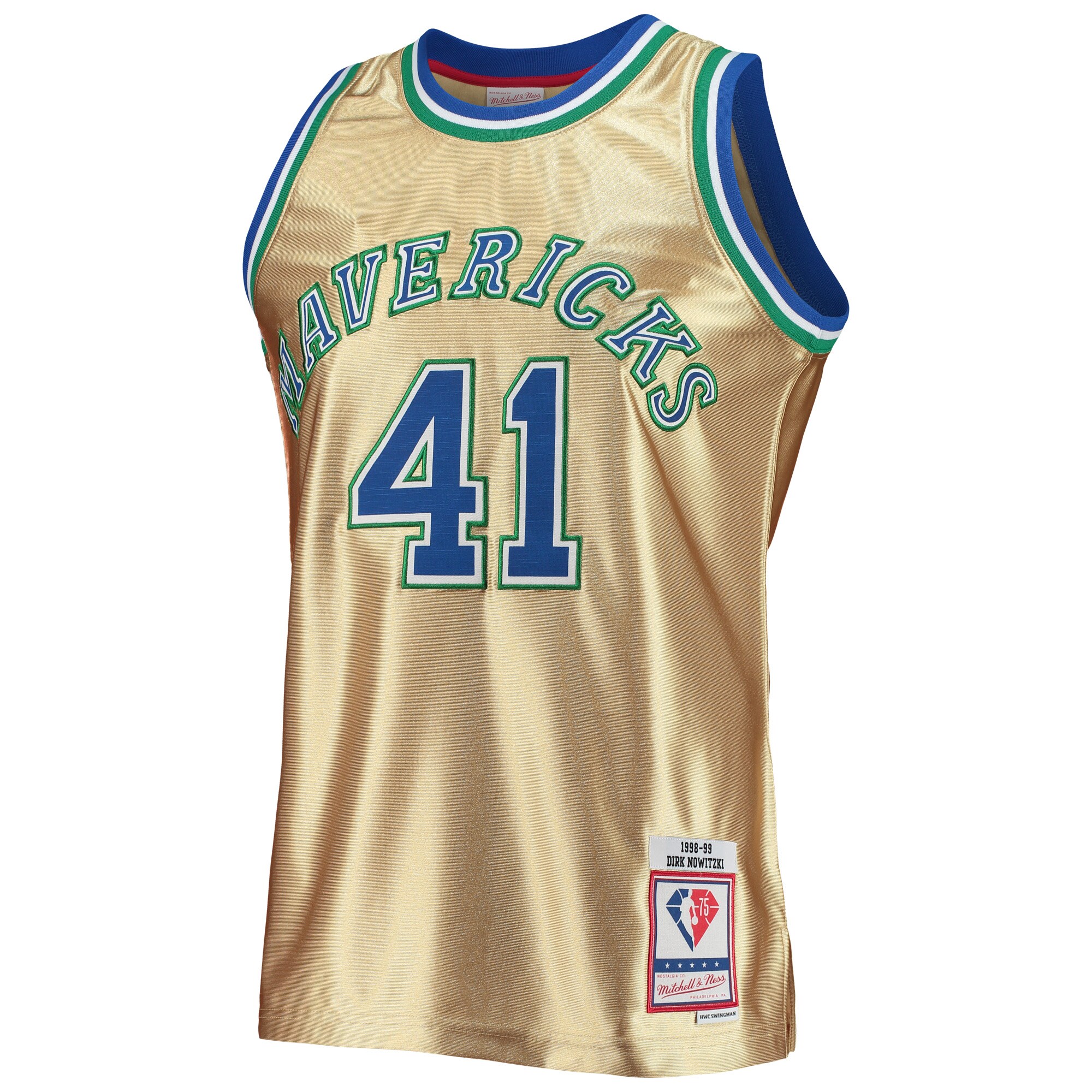 Dirk Nowitzki Dallas Mavericks Mitchell & Ness 75th Anniversary 1998/99 Hardwood Classics Swingman Jersey - Gold - vstockx