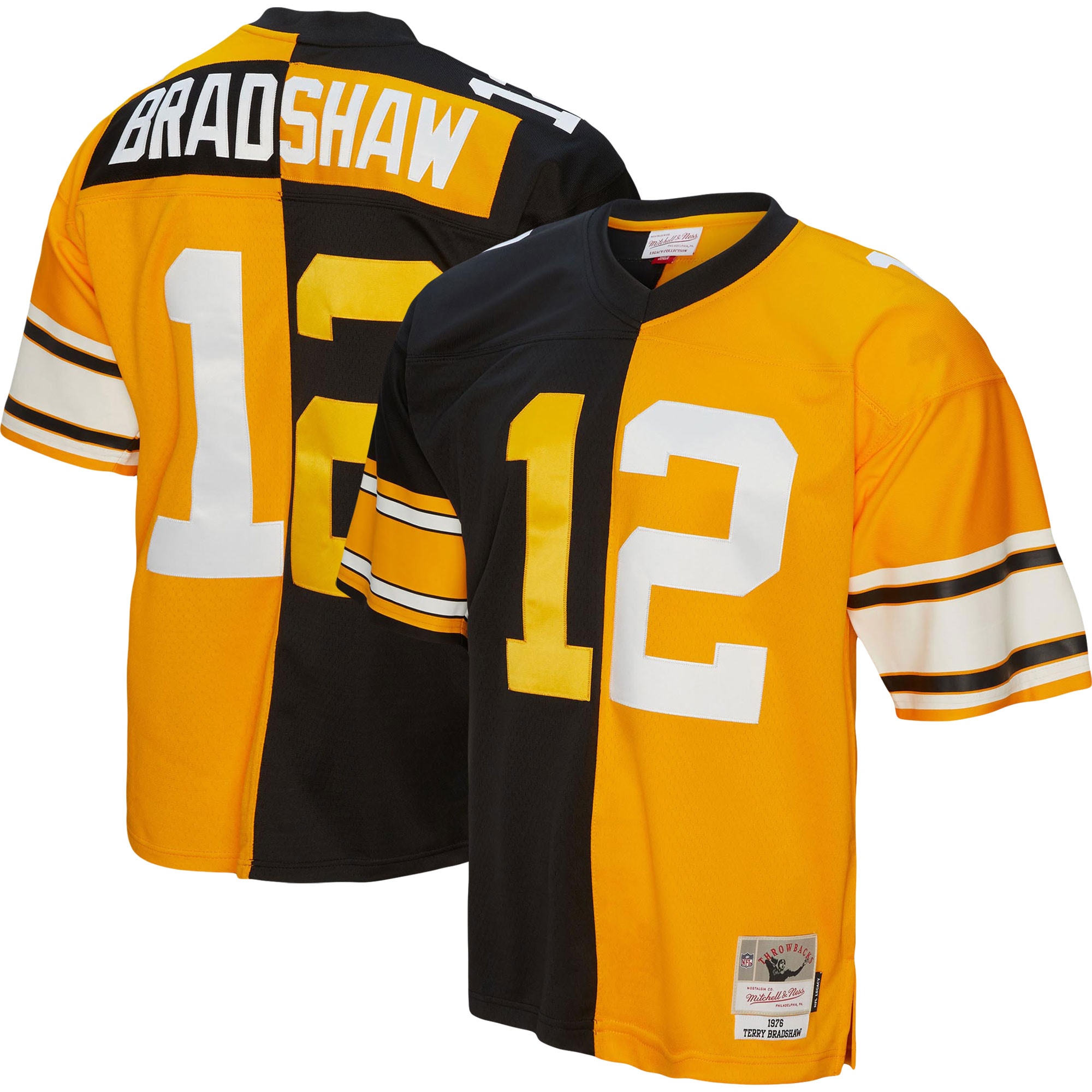 Terry Bradshaw Pittsburgh Steelers Mitchell & Ness 1976 Split Legacy Replica Jersey - Black/Gold - vstockx