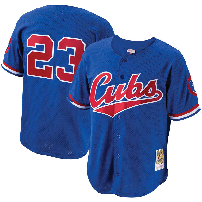 Men's Chicago Cubs Ryne Sandberg Mitchell & Ness Royal 1996 Cooperstown Collection Mesh Batting Practice Button-Up Jersey - vstockx