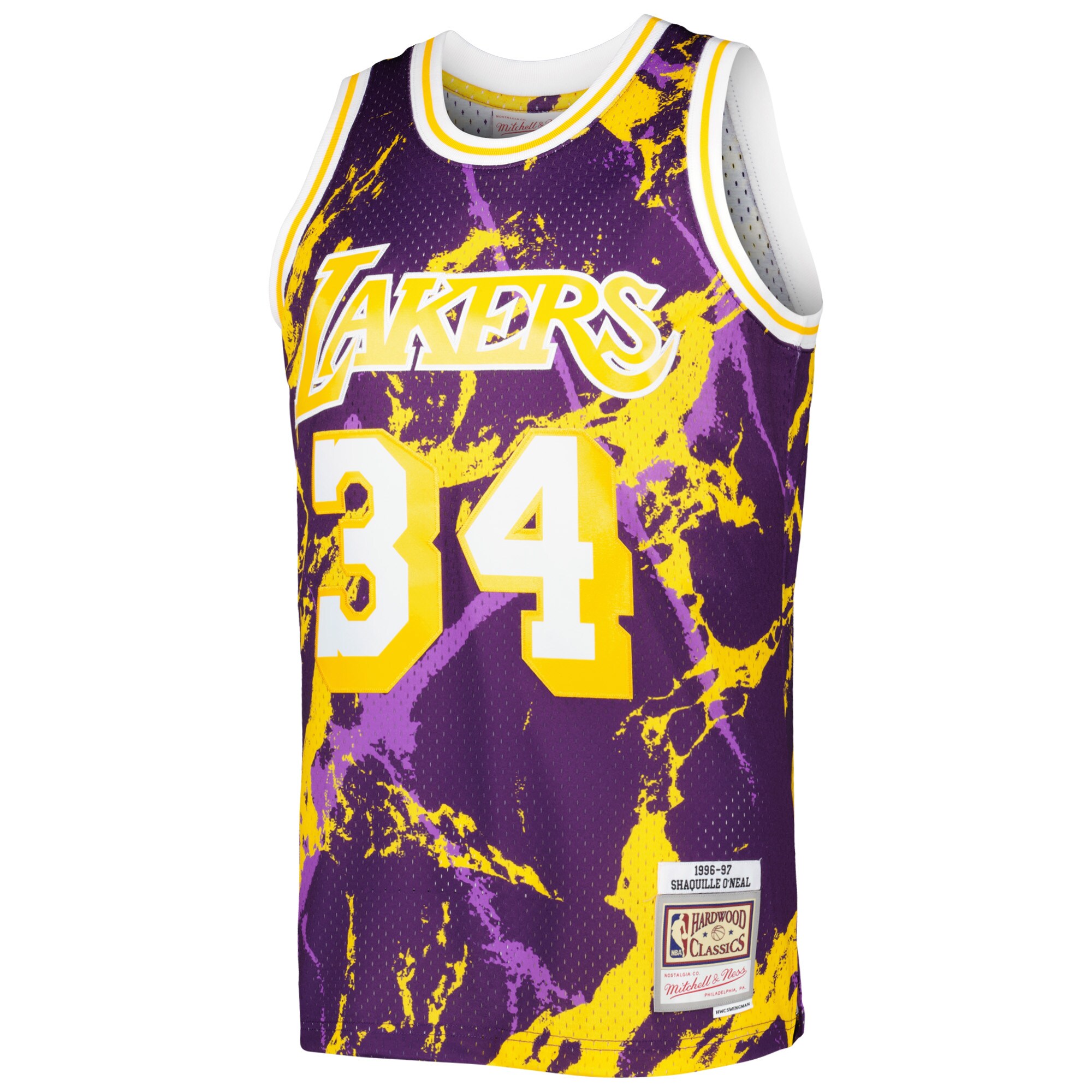 Shaquille O'Neal Los Angeles Lakers Mitchell & Ness 1996/97 Hardwood Classics Marble Swingman Jersey - Purple - vstockx