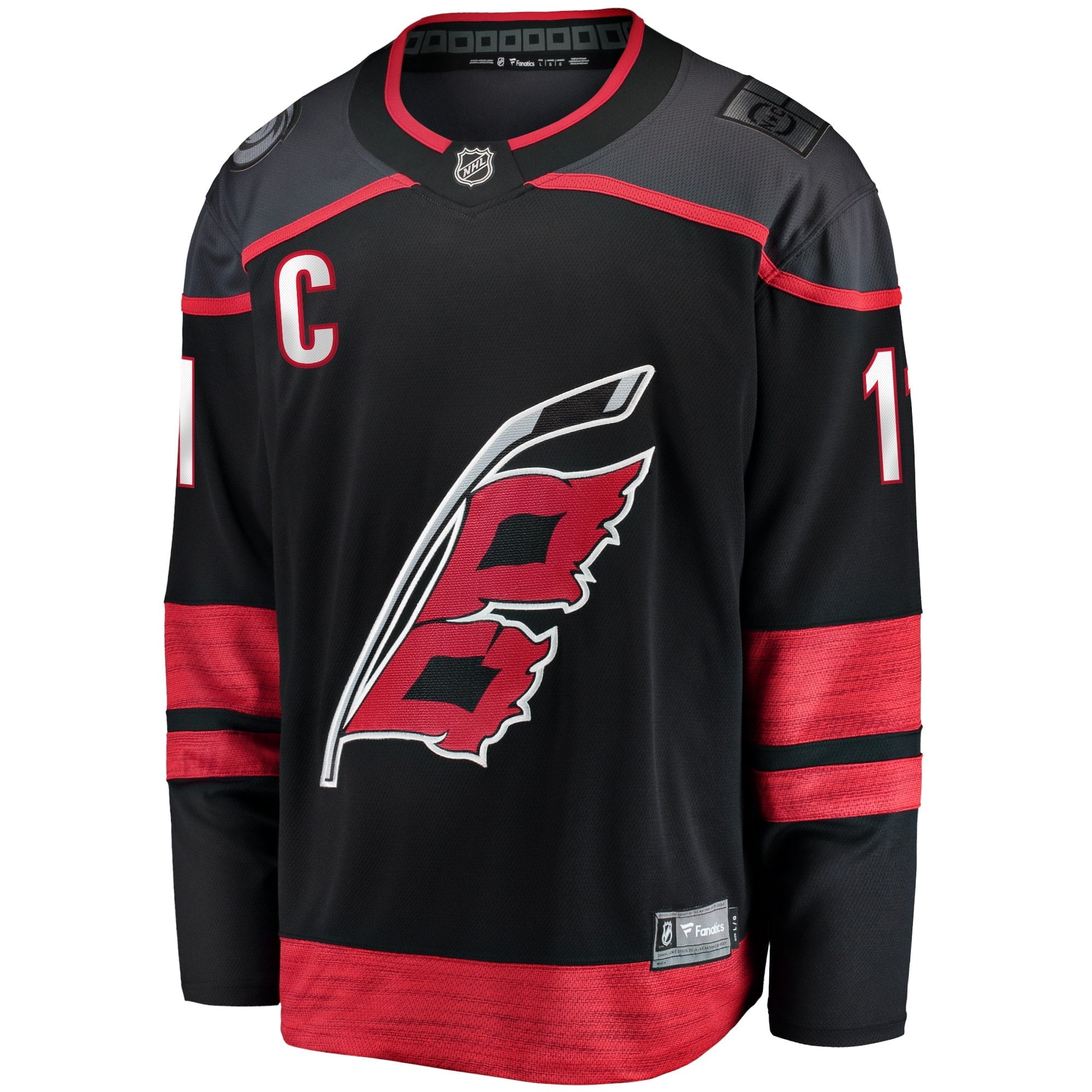 Men's Fanatics Branded Jordans Staal Black Carolina Hurricanes Home Captain Patch Breakaway Player Jersey - vstockx