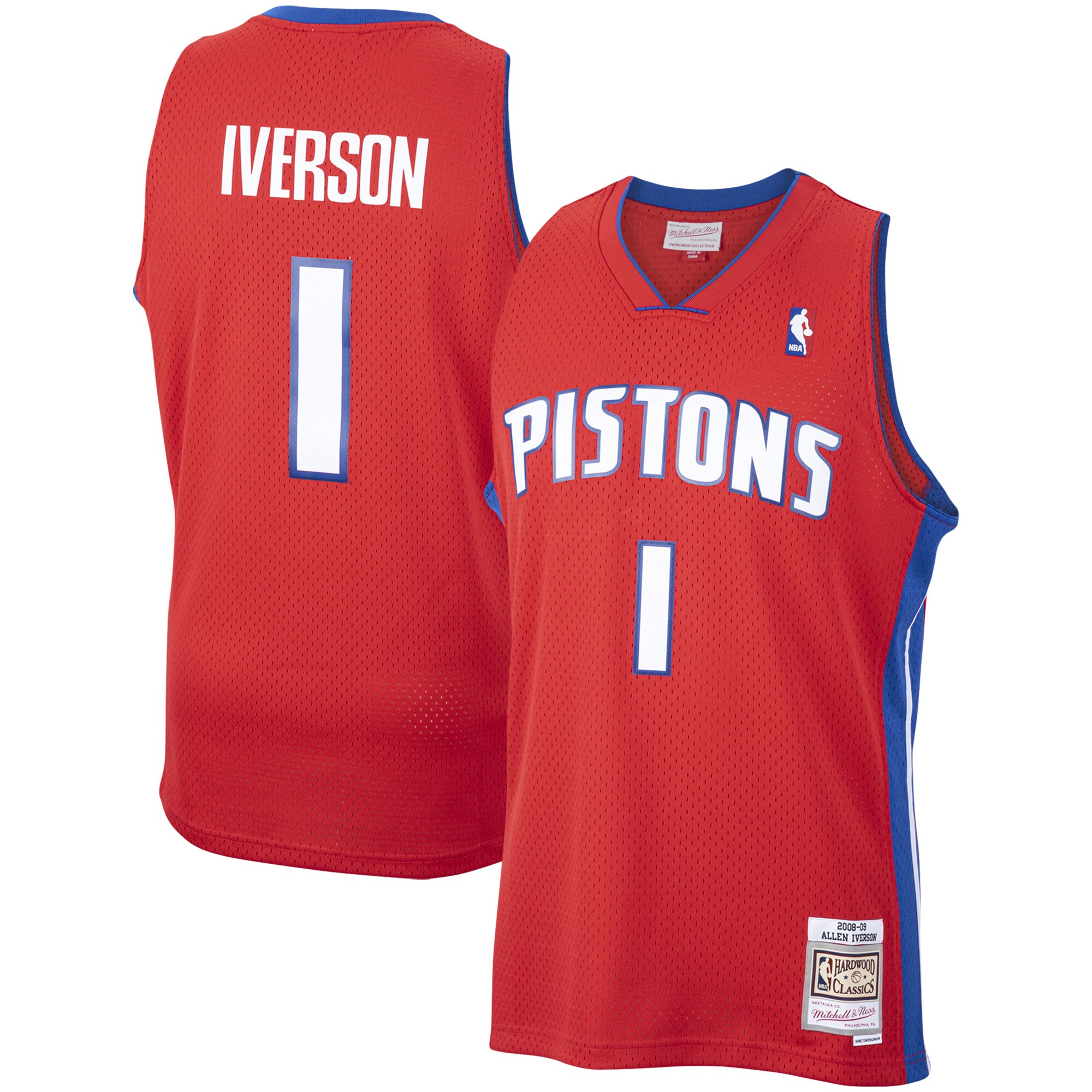 Allen Iverson Detroit Pistons Mitchell & Ness Hardwood Classics Swingman Jersey - Red - vstockx
