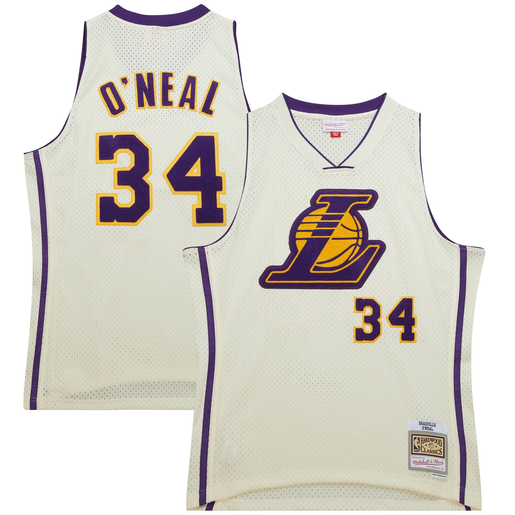 Shaquille O'Neal Los Angeles Lakers Mitchell & Ness Chainstitch Swingman Jersey - Cream - vstockx