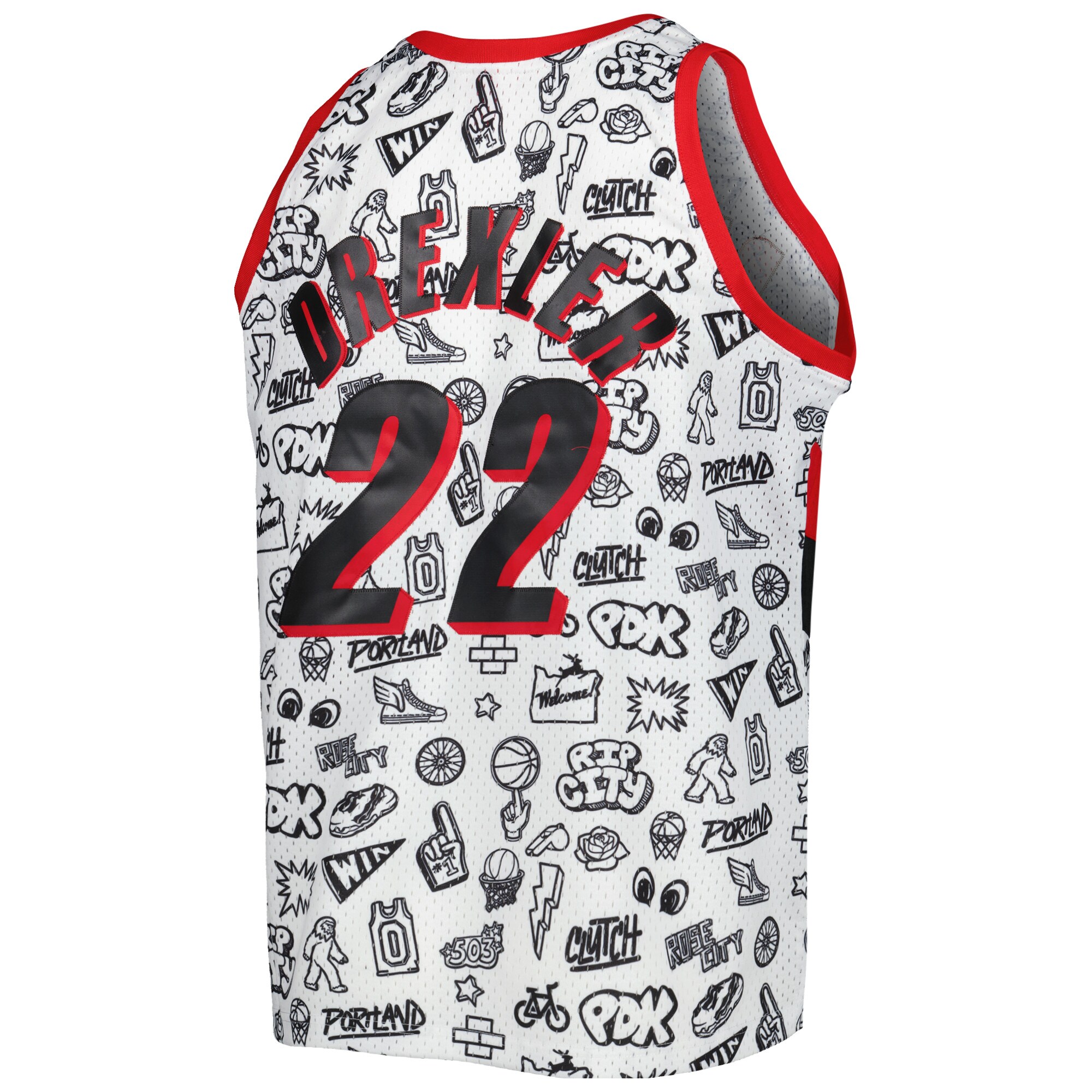 Clyde Drexler Portland Trail Blazers Mitchell & Ness 1991/92 Hardwood Classics Doodle Swingman Player Jersey - White - vstockx