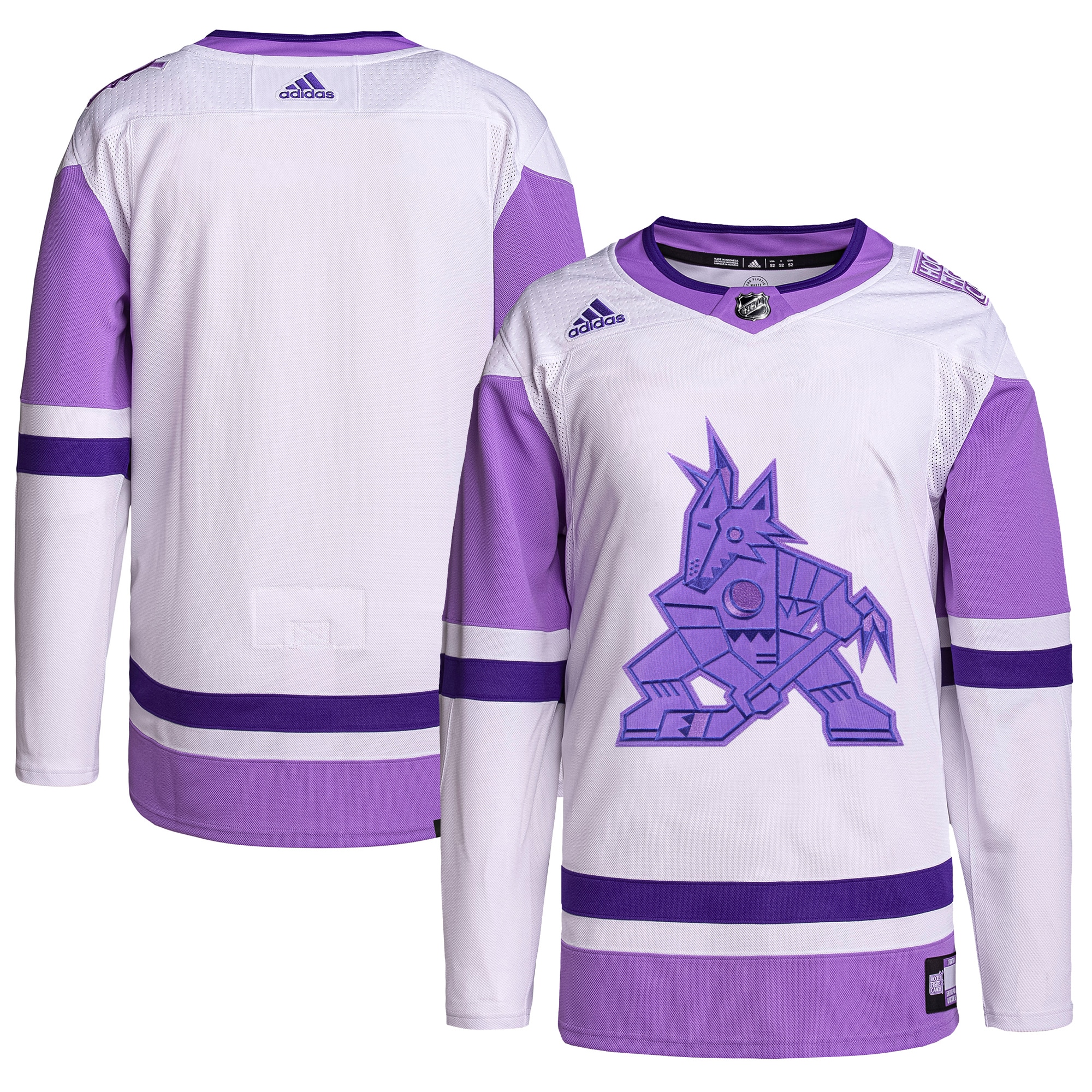 Arizona Coyotes adidas Hockey Fights Cancer Primegreen Authentic Blank Practice Jersey - White/Purple - vstockx