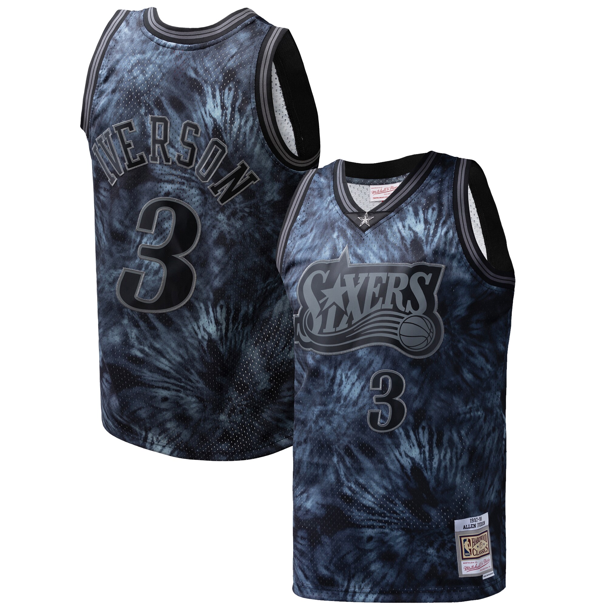 Allen Iverson Philadelphia 76ers Mitchell & Ness Hardwood Classics 1997/98 Tie-Dye Swingman Jersey - Black - vstockx