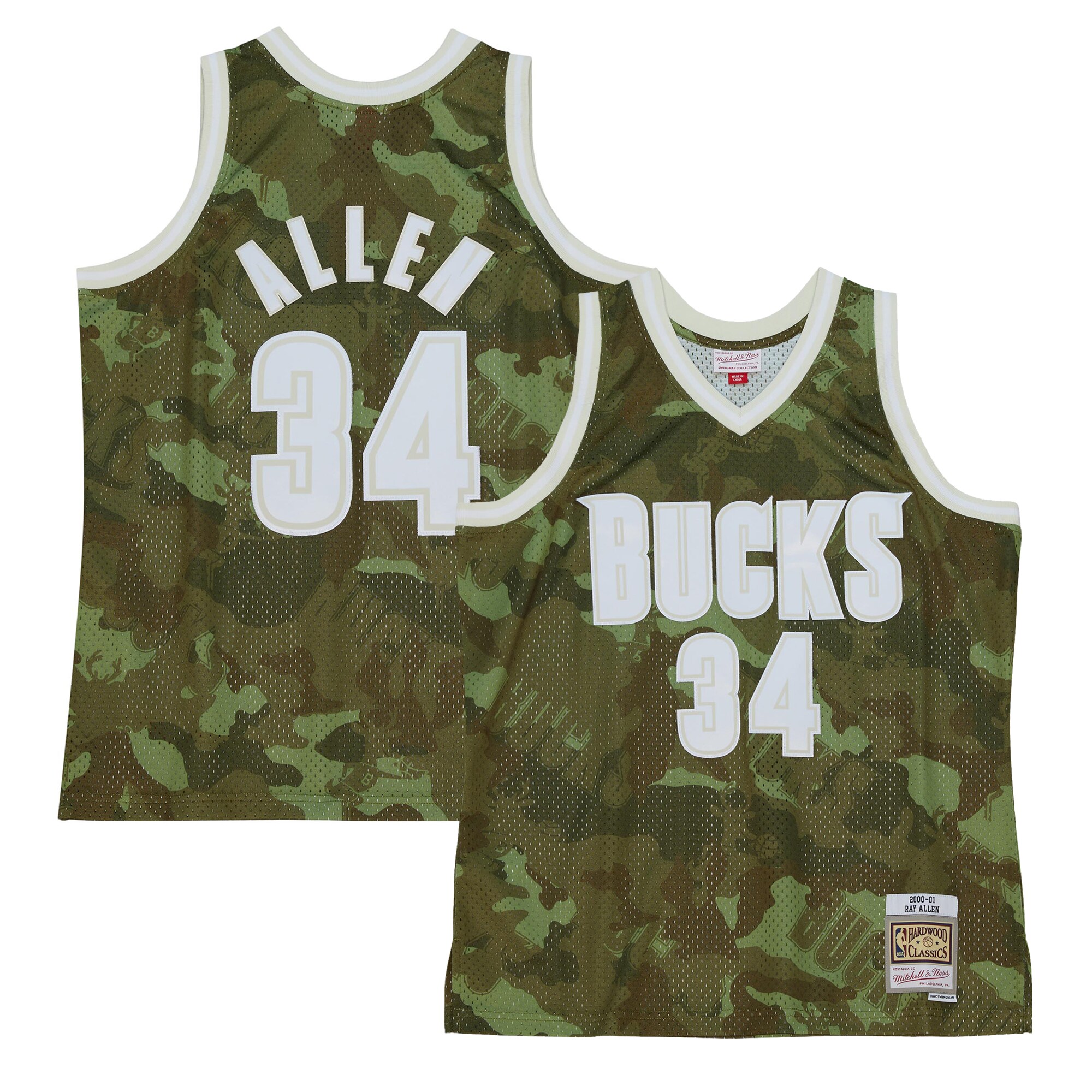 Ray Allen Milwaukee Bucks Mitchell & Ness Hardwood Classics 2000/01 Ghost Green Swingman Jersey - Camo - vstockx