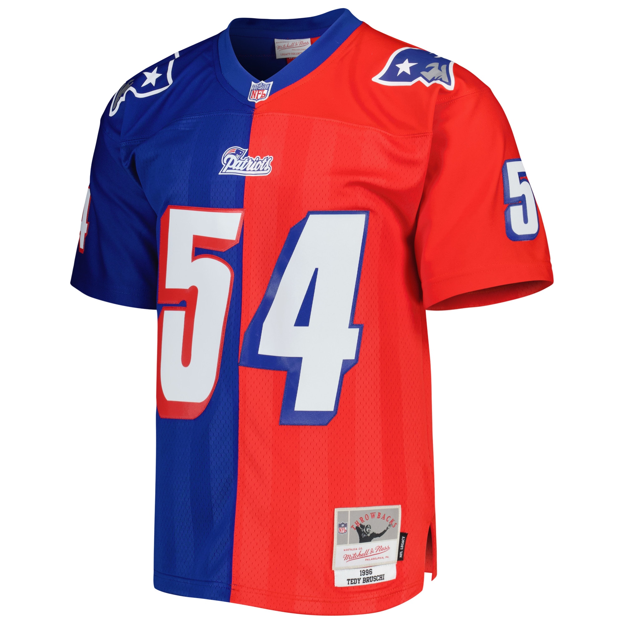 Tedy Bruschi New England Patriots Mitchell & Ness 1996 Split Legacy Replica Jersey - Royal/Red - vstockx