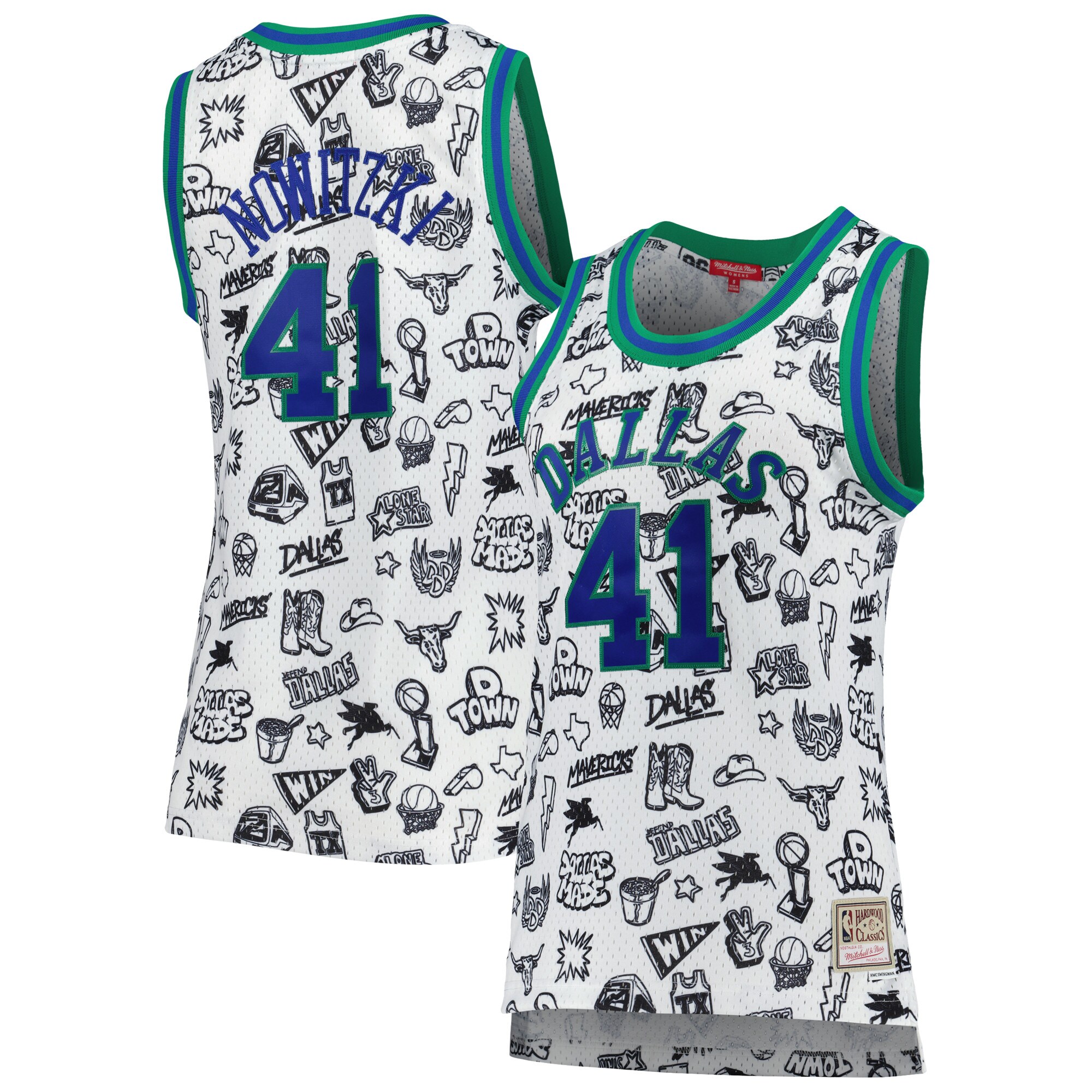 Dirk Nowitzki Dallas Mavericks Mitchell & Ness Women's 1998 Doodle Swingman Jersey - White - vstockx