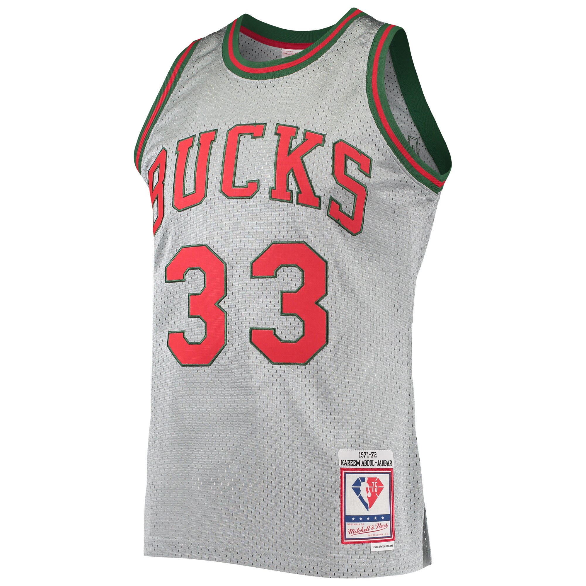 Kareem Abdul-Jabbar Milwaukee Bucks Mitchell & Ness 75th Anniversary 1971/72 Hardwood Classics Swingman Jersey - Silver - vstockx