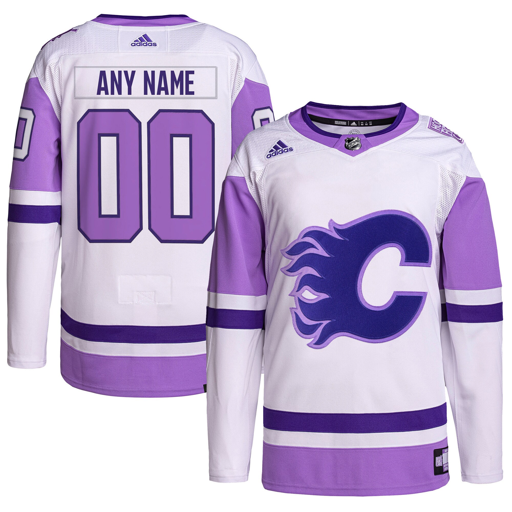 Calgary Flames adidas Hockey Fights Cancer Primegreen Authentic Custom Jersey - White/Purple - vstockx
