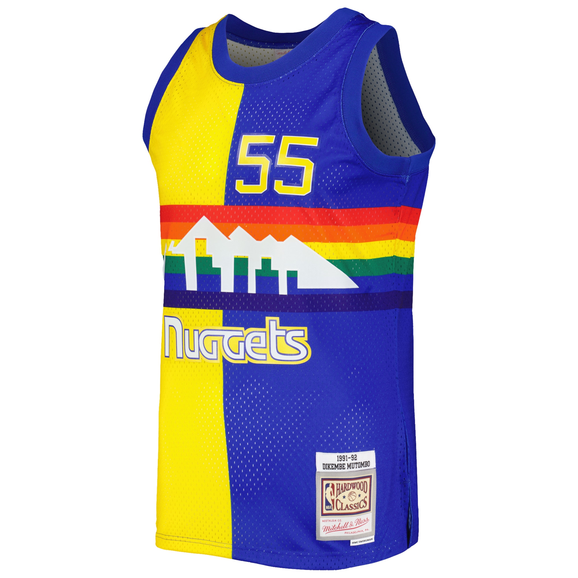 Dikembe Mutombo Denver Nuggets Mitchell & Ness Hardwood Classics 1991/92 Split Swingman Jersey - Royal/Gold - vstockx