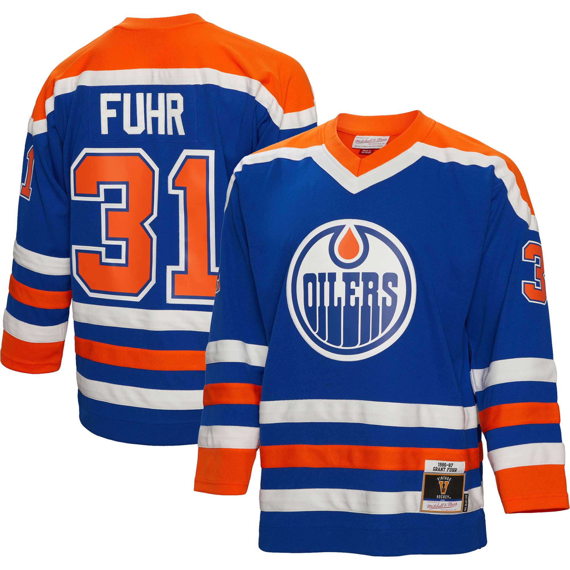 Grant Fuhr Edmonton Oilers Mitchell & Ness 1986/87 Blue Line Player Jersey - Royal - vstockx