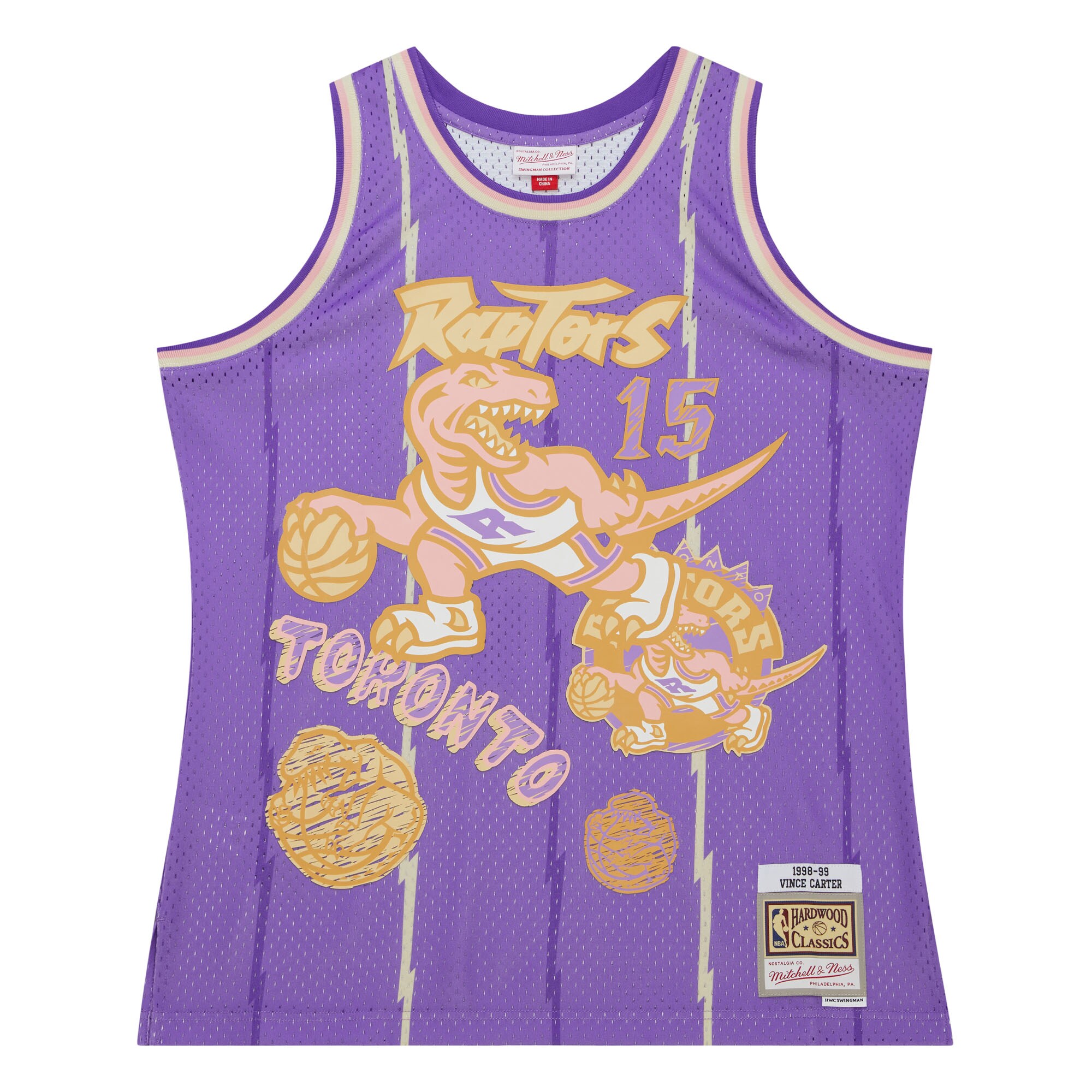 Vince Carter Toronto Raptors Mitchell & Ness 1998/99 Swingman Sidewalk Sketch Jersey - Purple - vstockx