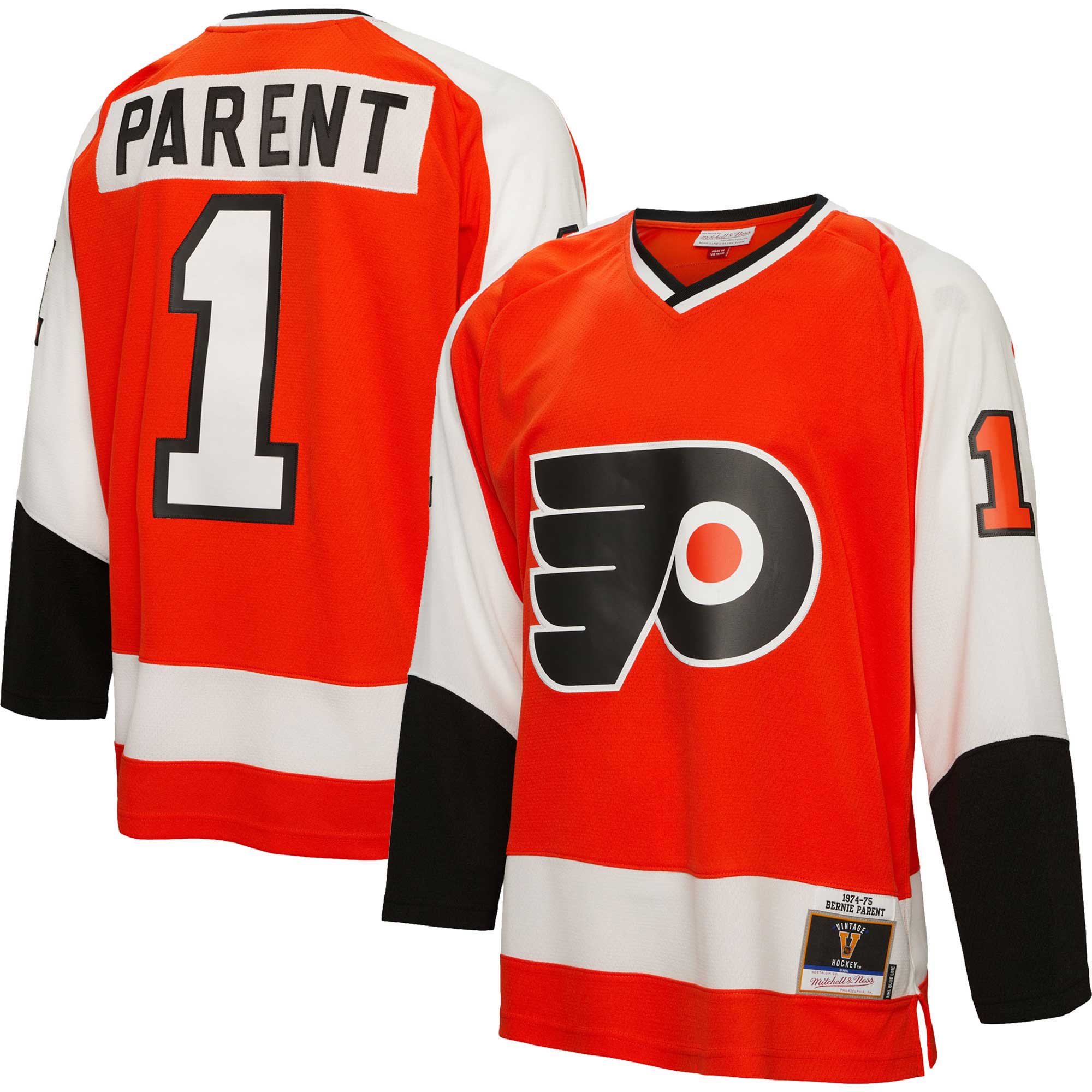 Bernie Parent Philadelphia Flyers Mitchell & Ness 1974/75 Blue Line Player Jersey - Orange - vstockx