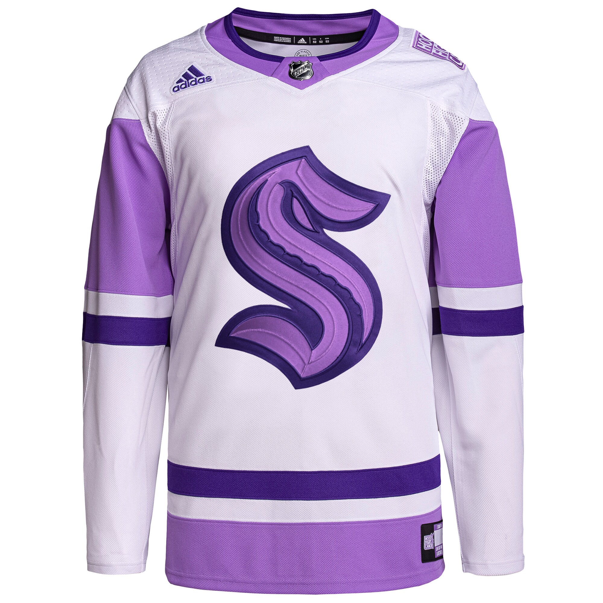 Seattle Kraken adidas Hockey Fights Cancer Primegreen Authentic Blank Practice Jersey - White/Purple - vstockx