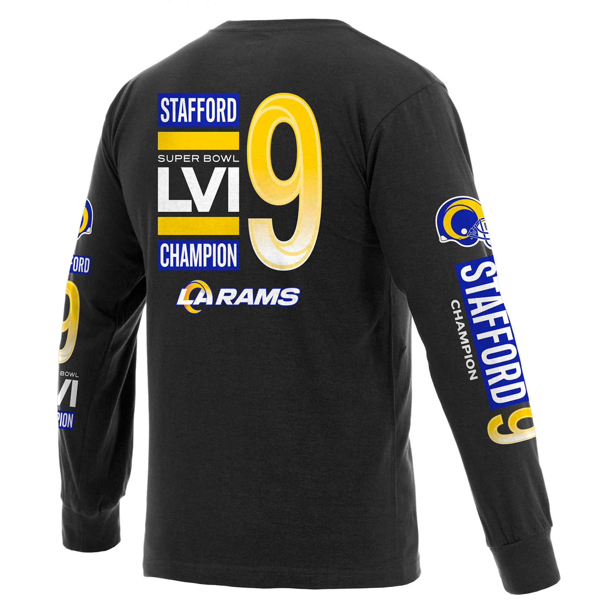 Men's Fanatics Branded Matthew Stafford Black Los Angeles Rams Super Bowl LVI Champions Player Name & Number Long Sleeve - vstockx