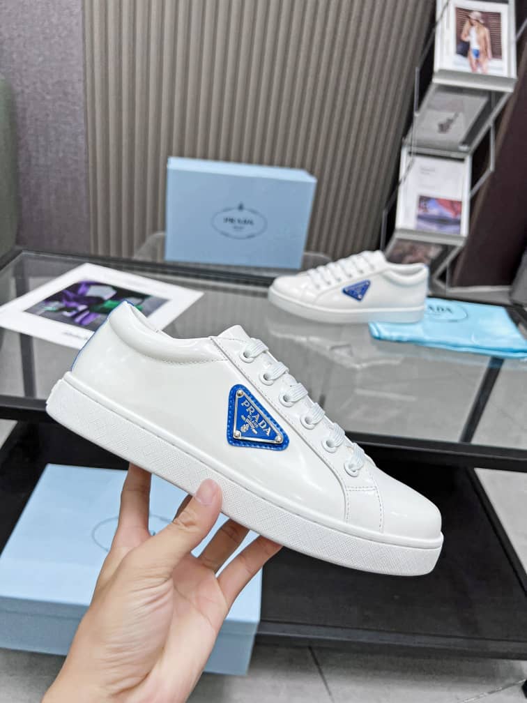 Prada Brushed Sneakers Leather White White Cobalt Blue - vstockx